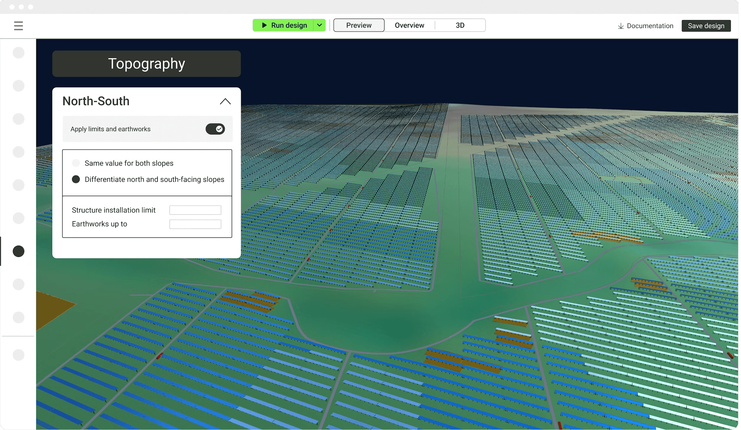 RatedPower topography tool showing 3D solar plant with slope restrictions panel